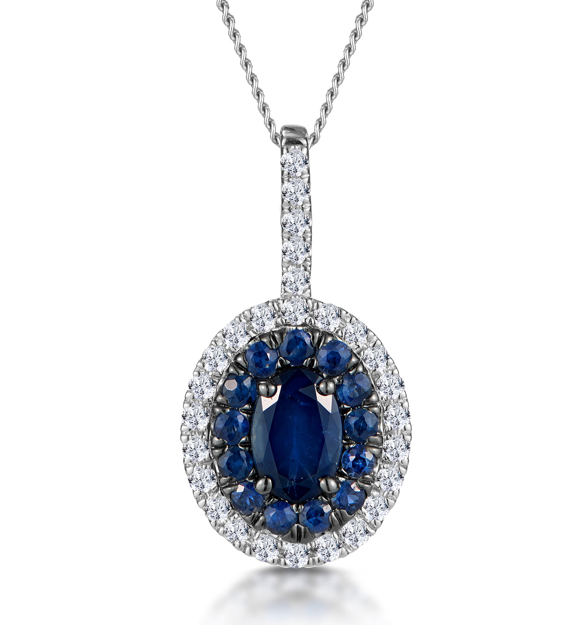 Sapphire Lab Oval Halo Necklace 9KW Asteria