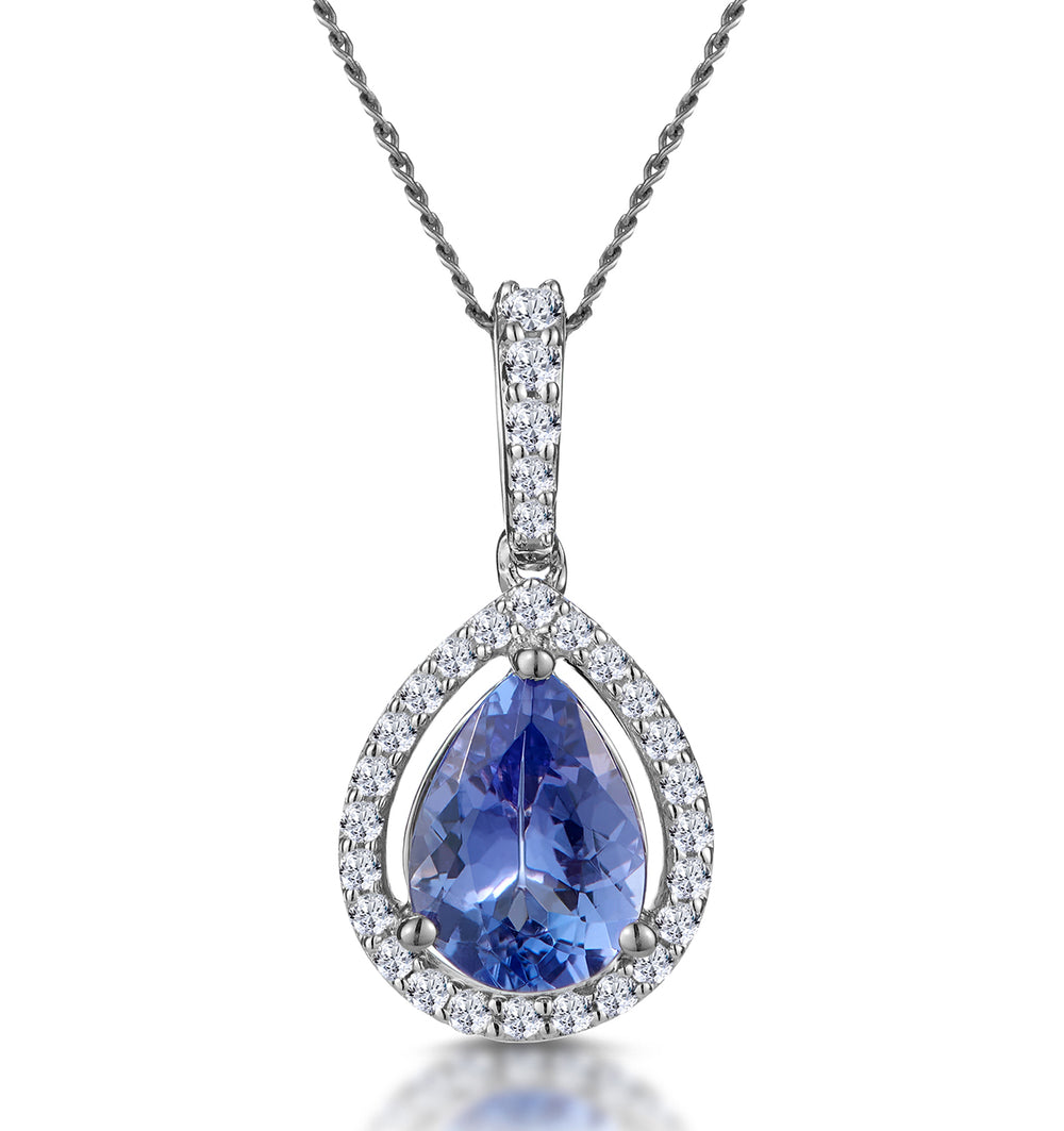 Tanzanite and Lab Diamond Halo Pear Drop Asteria Necklace in 9KW Gold