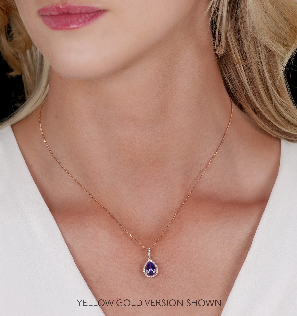 Tanzanite and Diamond Halo Pear Drop Asteria Necklace in 18KW Gold