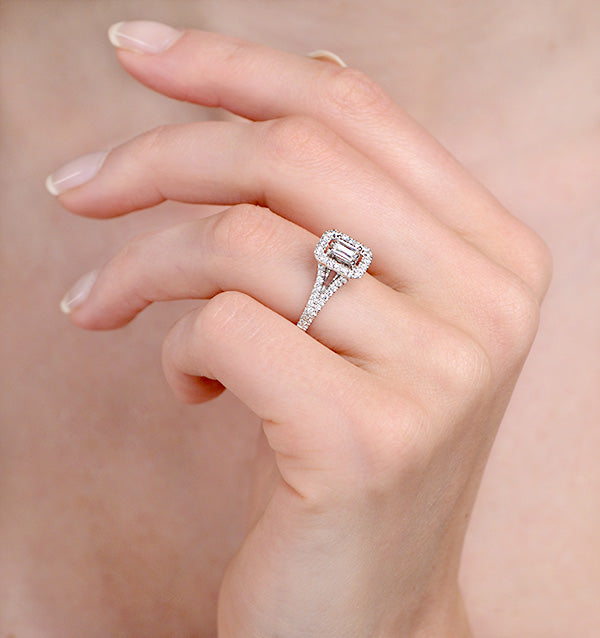 Halo Engagement Ring 0.65ct Prince Cut H/SI Diamonds 18K White Gold