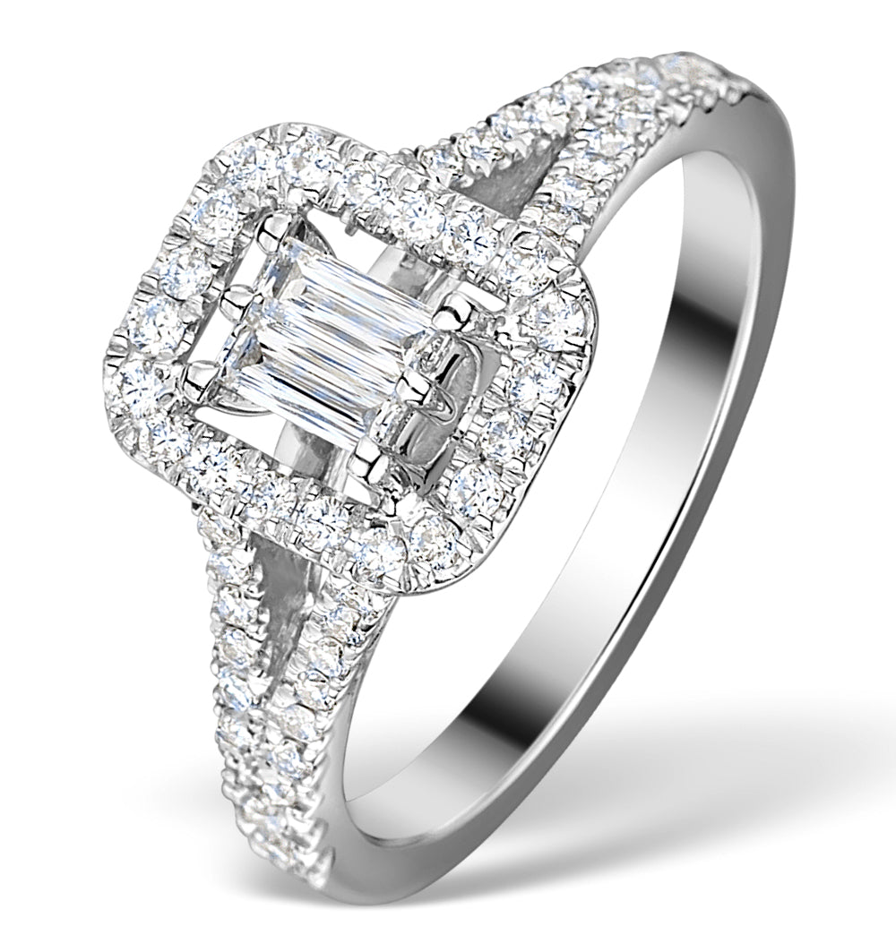 Halo Engagement Ring 0.65ct Prince Cut H/SI Diamonds 18K White Gold