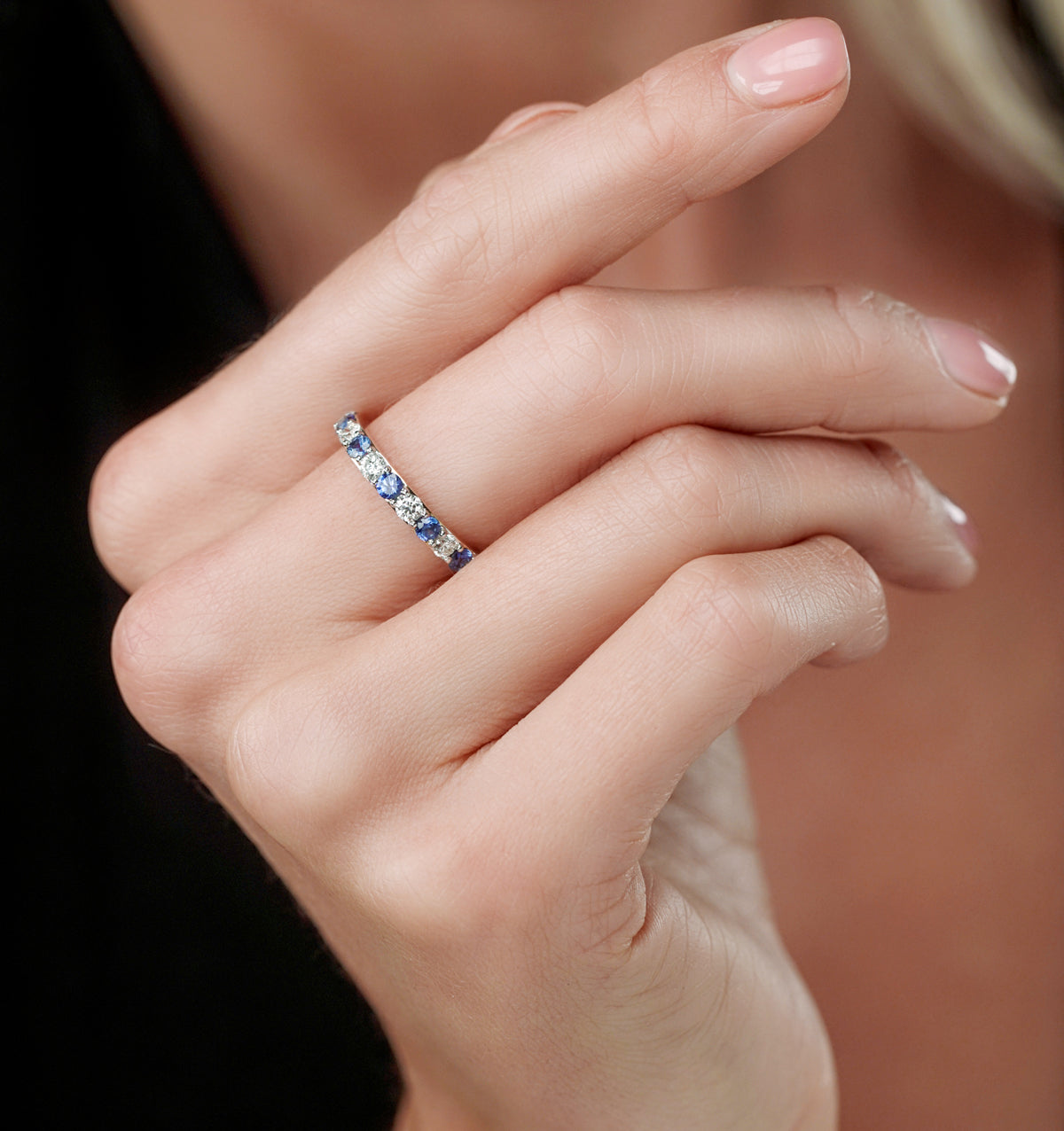 Sapphire and 0.50ct Lab Diamond Asteria Eternity Ring 9K White Gold