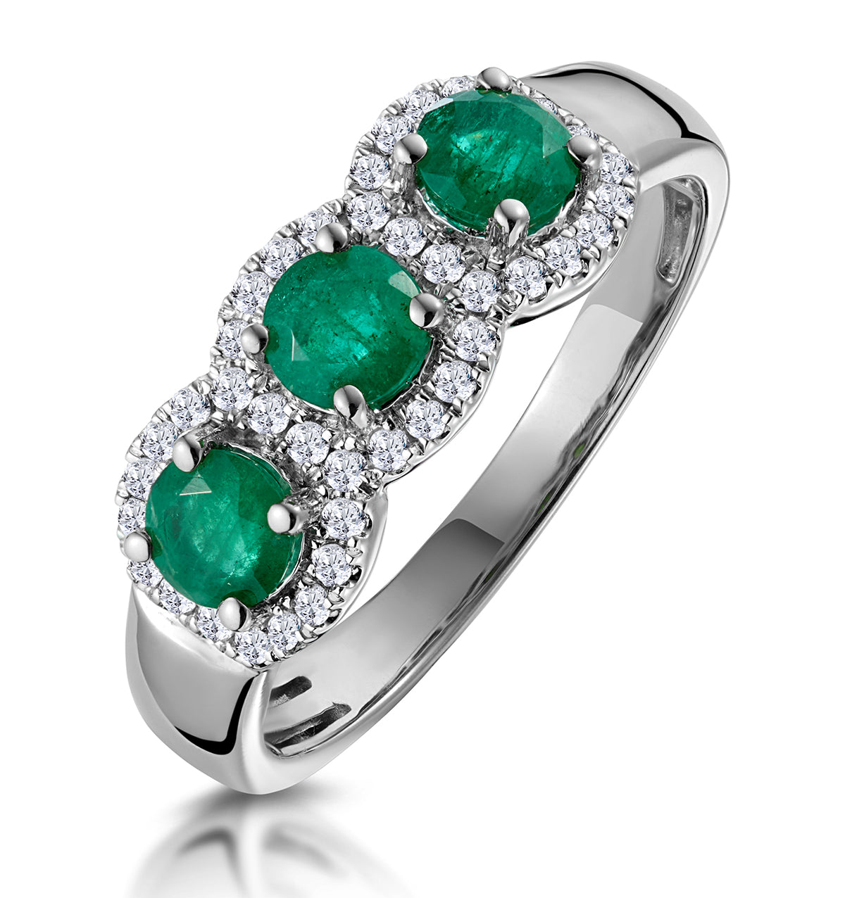 Emerald and Diamond Halo Trilogy Asteria Ring in 18K White Gold
