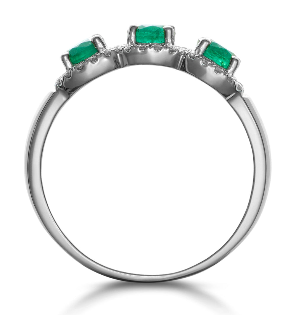 Emerald and Diamond Halo Trilogy Asteria Ring in 18K White Gold
