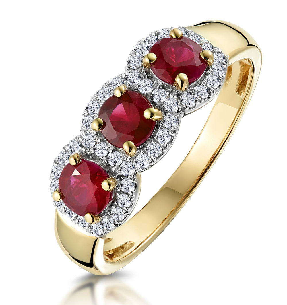 Ruby and Diamond Halo Trilogy Ring in 18K Gold - Asteria Collection