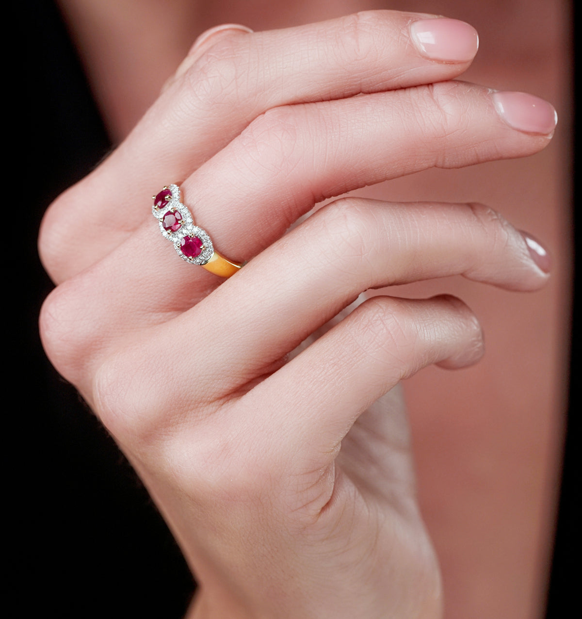 Ruby and Diamond Halo Trilogy Ring in 18K Gold - Asteria Collection