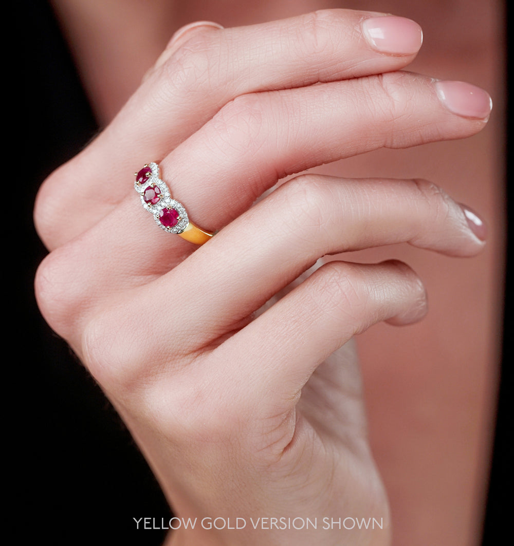 Ruby and Lab Diamond Halo Trilogy Ring in 9KW Gold - Asteria