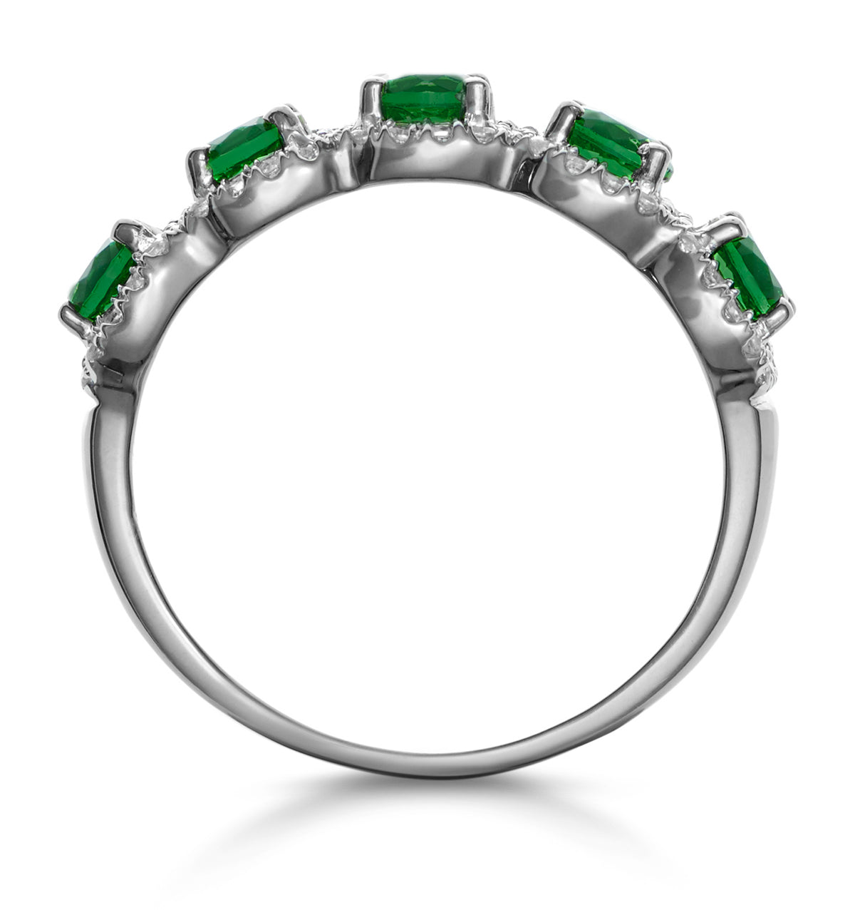 Emerald and Diamond Halo 5 Stone Asteria Ring in 18K White Gold