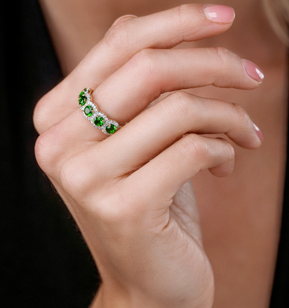 Emerald and Diamond Halo 5 Stone Asteria Ring in 18K Gold