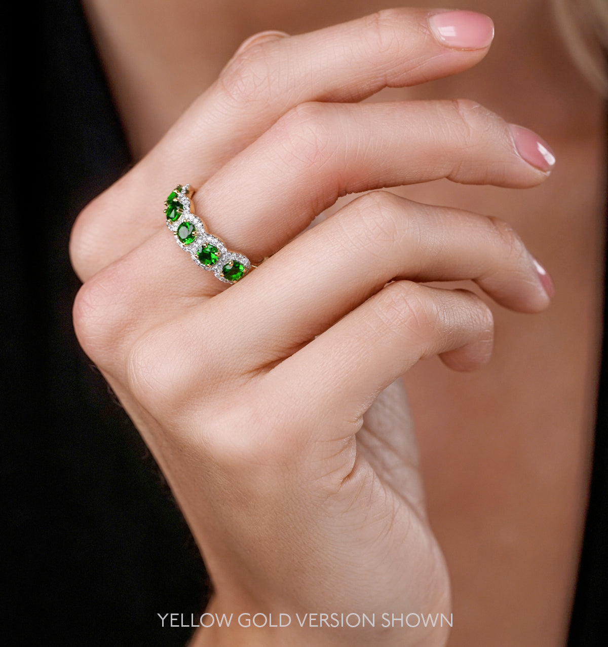 Emerald and Diamond Halo 5 Stone Asteria Ring in 18K White Gold
