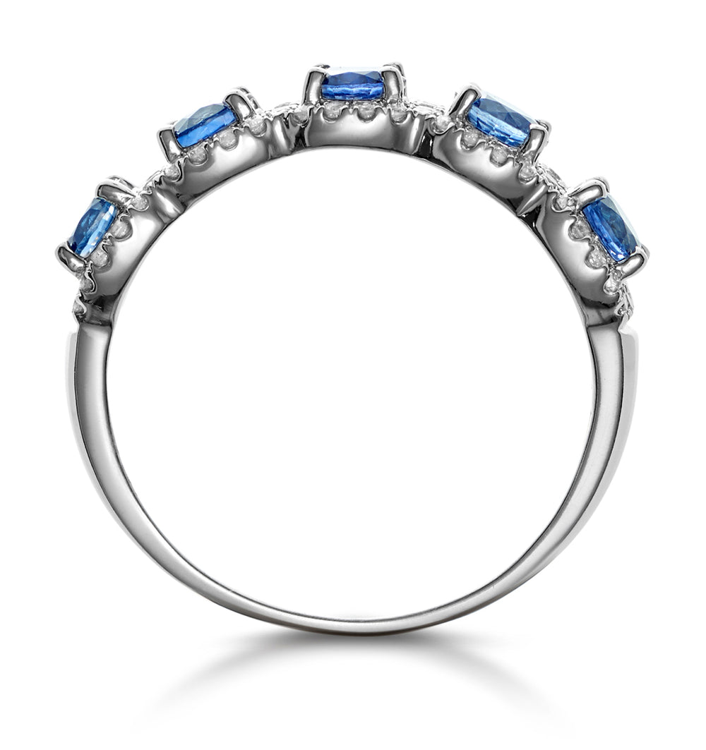 Sapphire and Diamond Halo 5 Stone Asteria Ring in 18K White Gold
