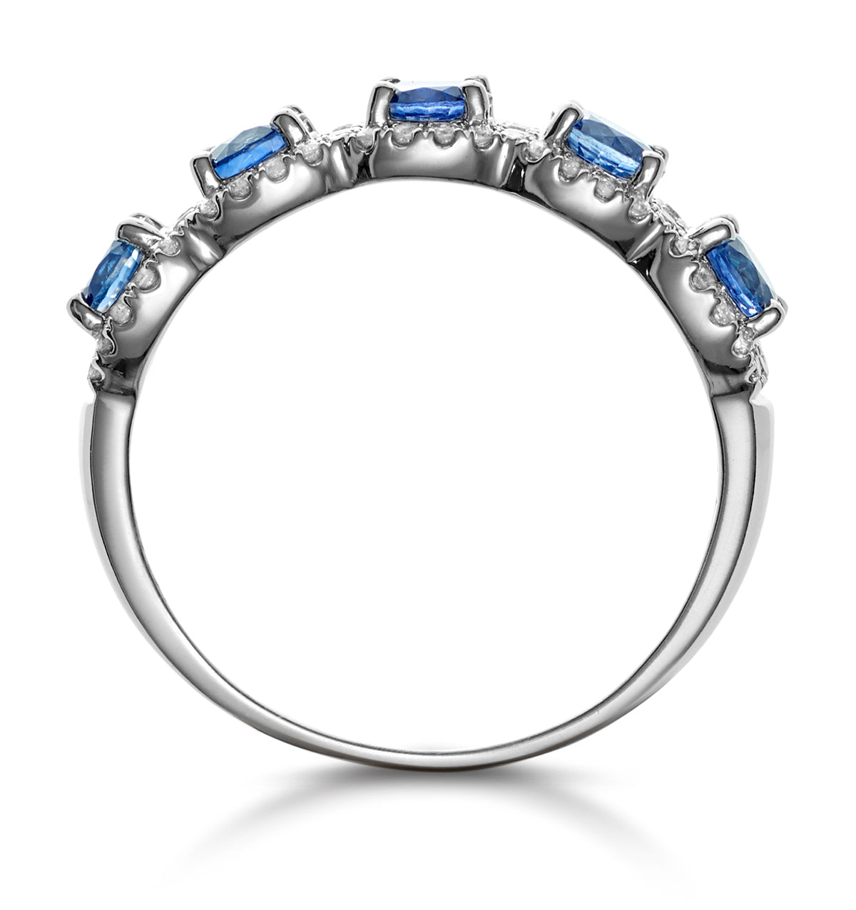 Sapphire and Diamond Halo 5 Stone Asteria Ring in 18K White Gold