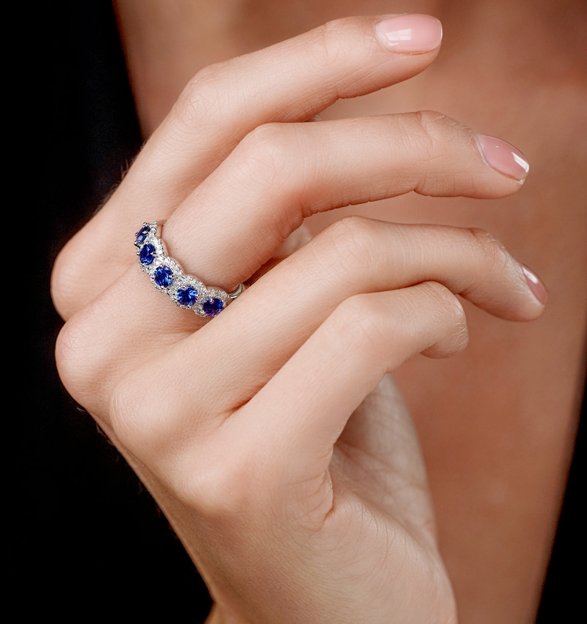 Sapphire and Diamond Halo 5 Stone Asteria Ring in 18K White Gold
