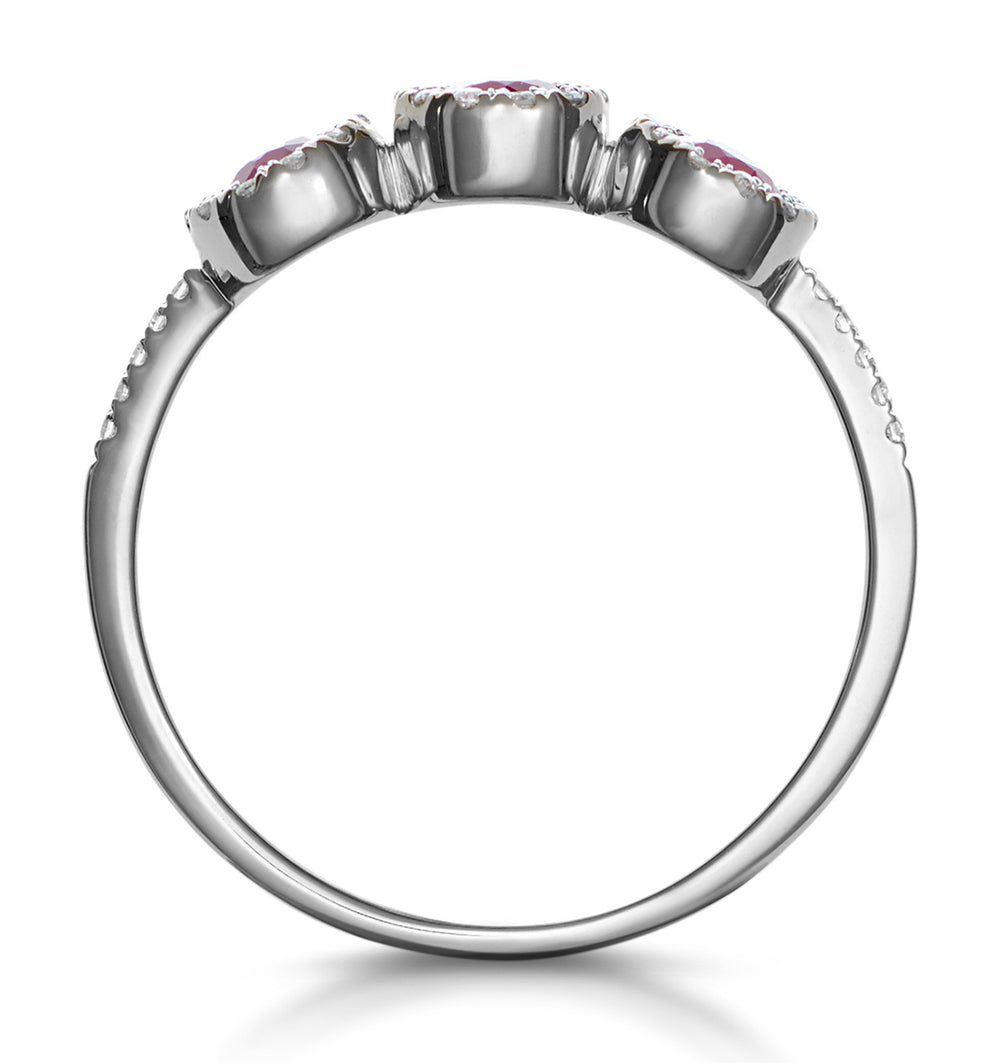 Ruby and Lab Diamond Halo Trilogy Ring 9K White Gold - Asteria