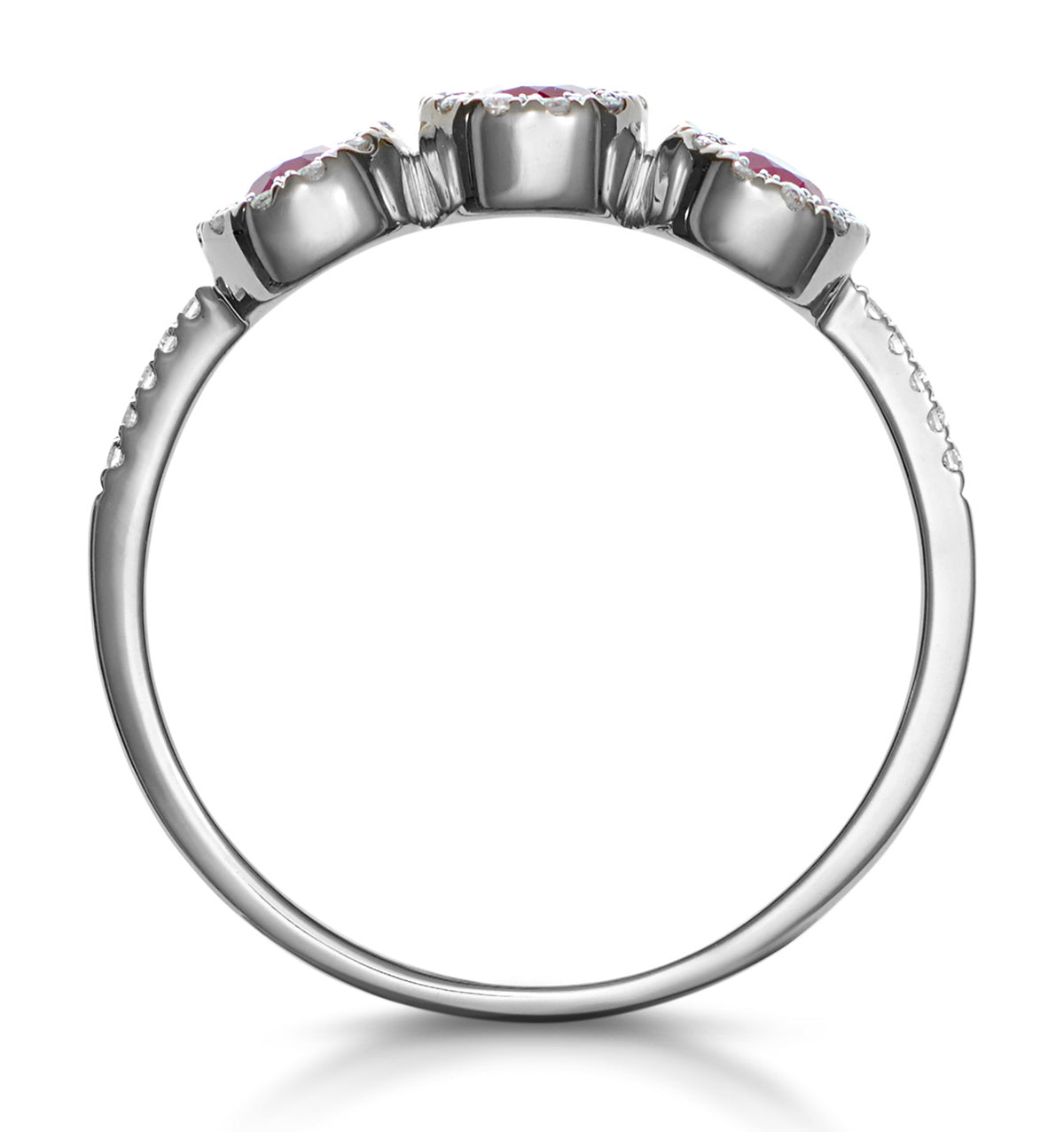 Ruby and Lab Diamond Halo Trilogy Ring 9K White Gold - Asteria