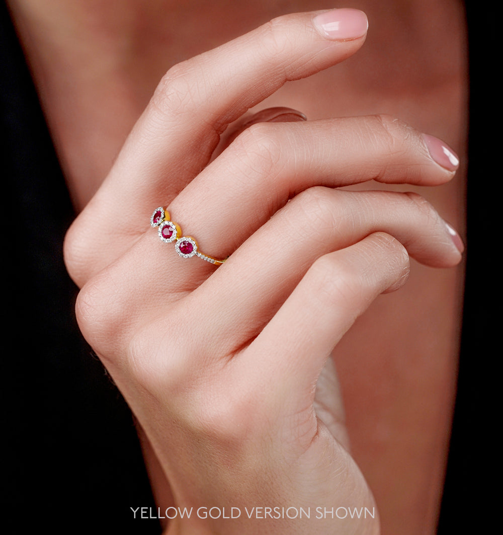 Ruby and Lab Diamond Halo Trilogy Ring 9K White Gold - Asteria