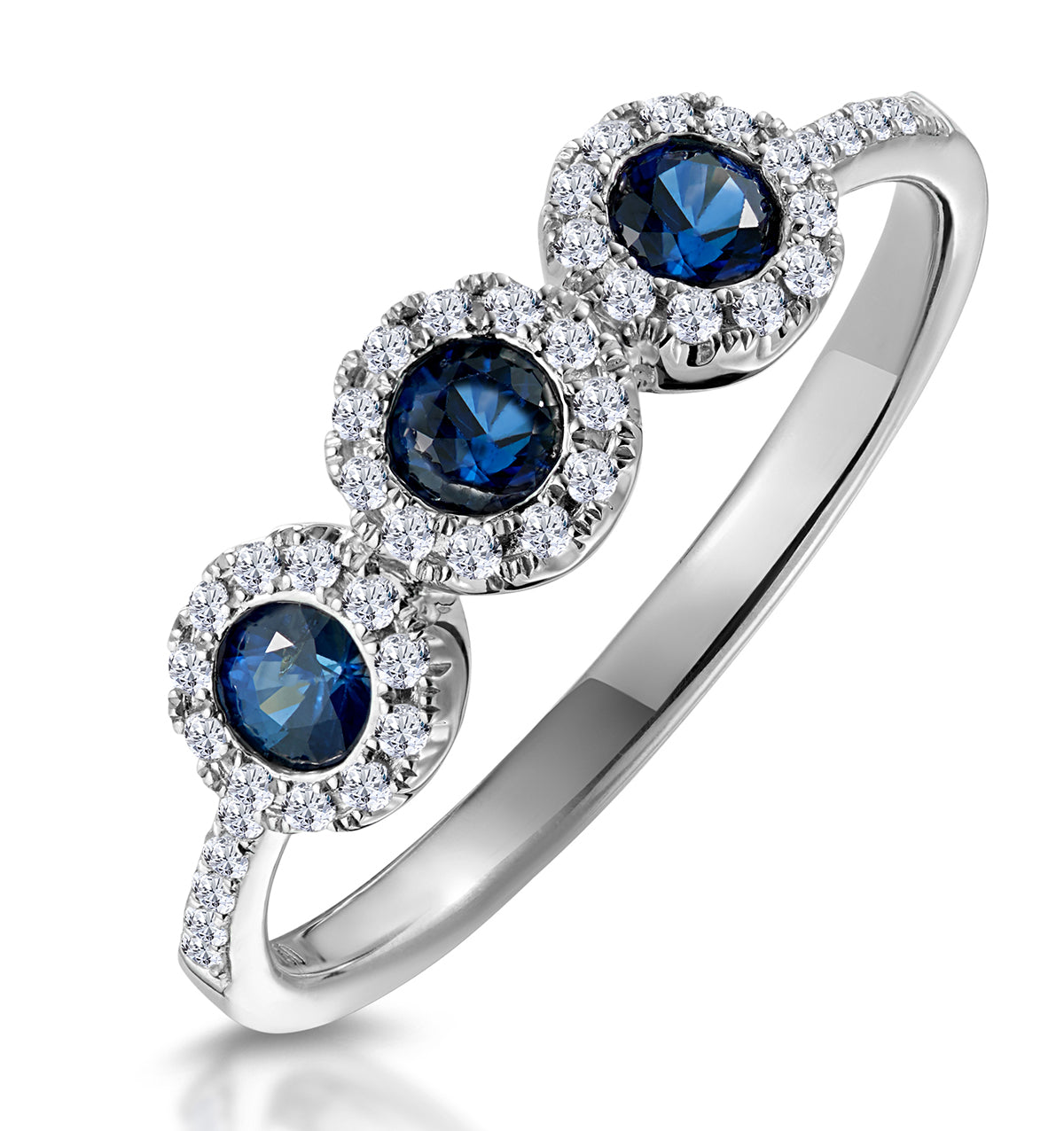 Sapphire and Diamond Halo Trilogy Asteria Ring in 18K White Gold