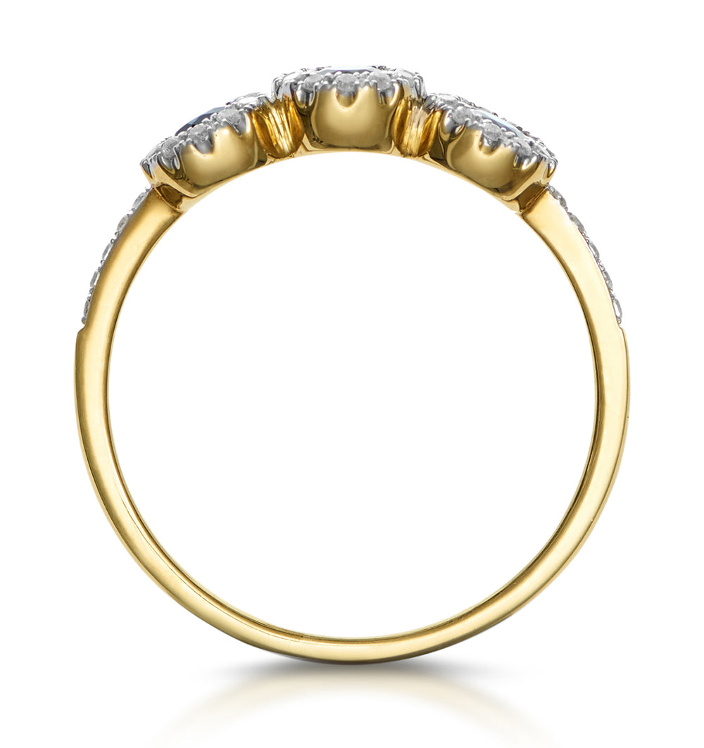 Sapphire and Lab Diamond Halo Trilogy Ring 9K Gold - Asteria