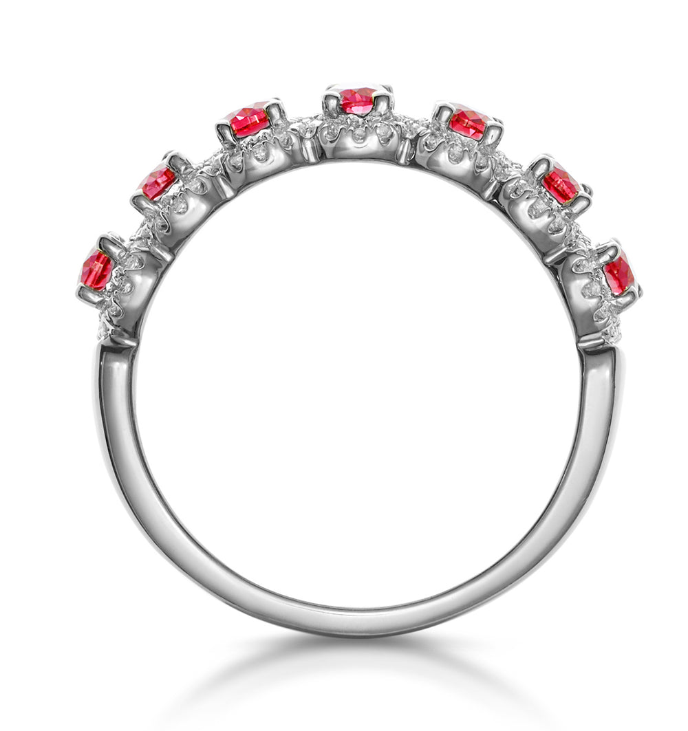 Ruby and Diamond Halo Eternity Ring in 18KW Gold - Asteria Collection
