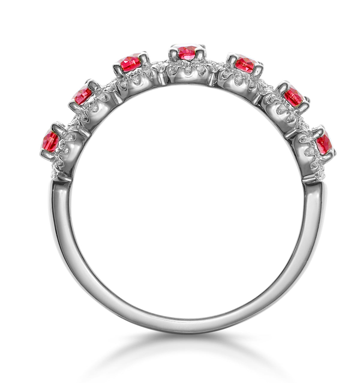 Ruby and Diamond Halo Eternity Ring in 18KW Gold - Asteria Collection