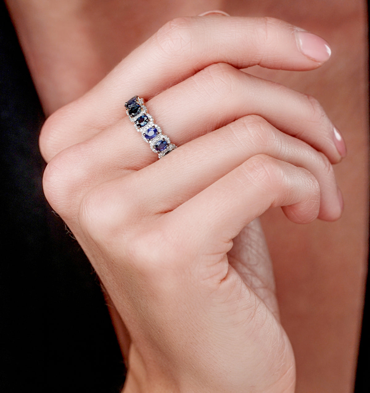 Sapphire and Diamond Halo Asteria Eternity Ring in 18KW Gold