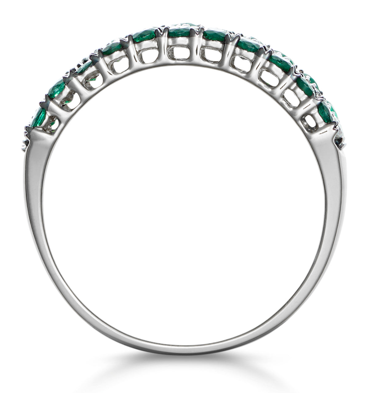 Emerald and Diamond Triple Row Asteria Eternity Ring in 18K W Gold