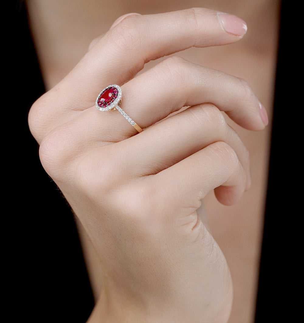 Ruby and Diamond Double Halo Ring in 18K Gold - Asteria Collection
