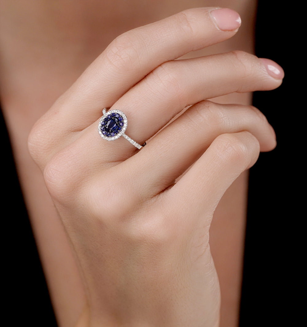 Sapphire and Diamond Double Halo Ring 18KW Gold - Asteria Collection