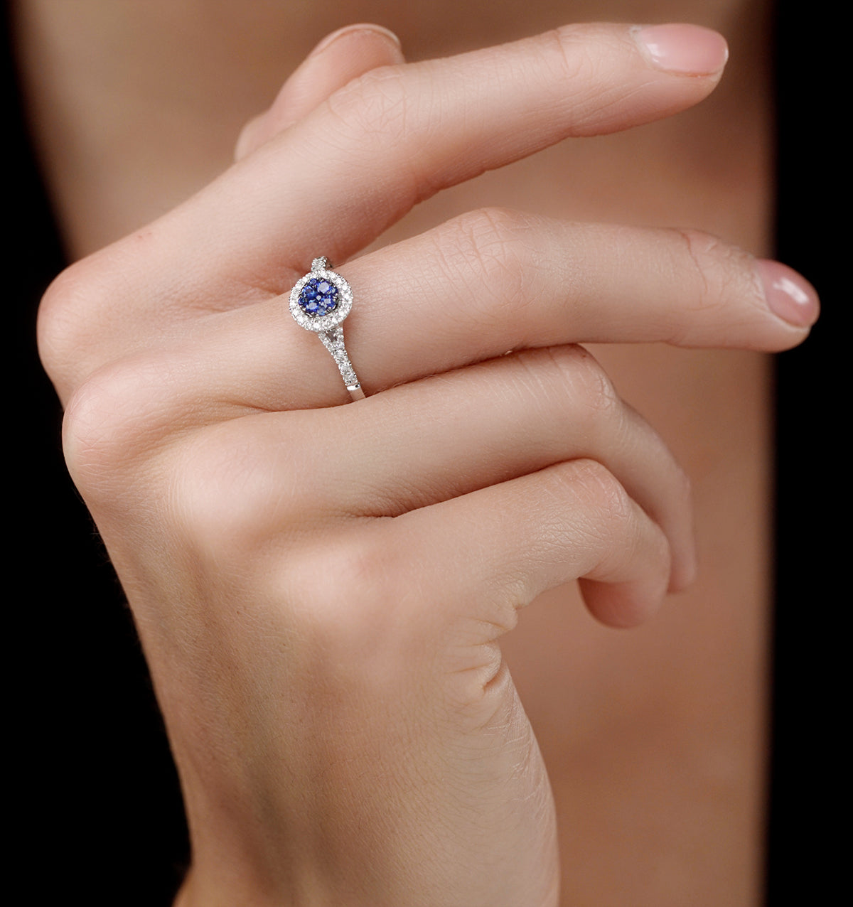 Sapphire and Lab Diamond Halo Circle Ring 9KW Gold - Asteria