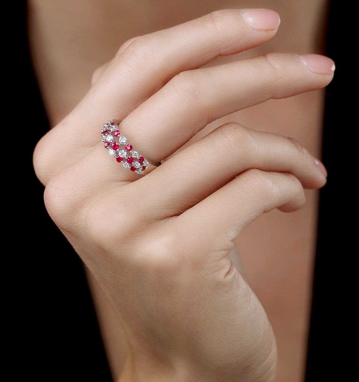 Ruby and Lab Diamond 3 Row Ring in 9K White Gold - Asteria Collection