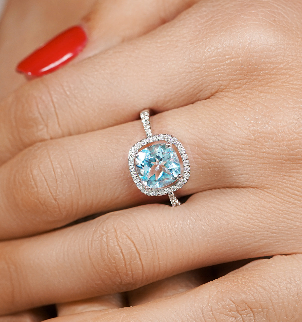 2ct Blue Topaz and Diamond Shoulders Asteria Ring in 18K White Gold