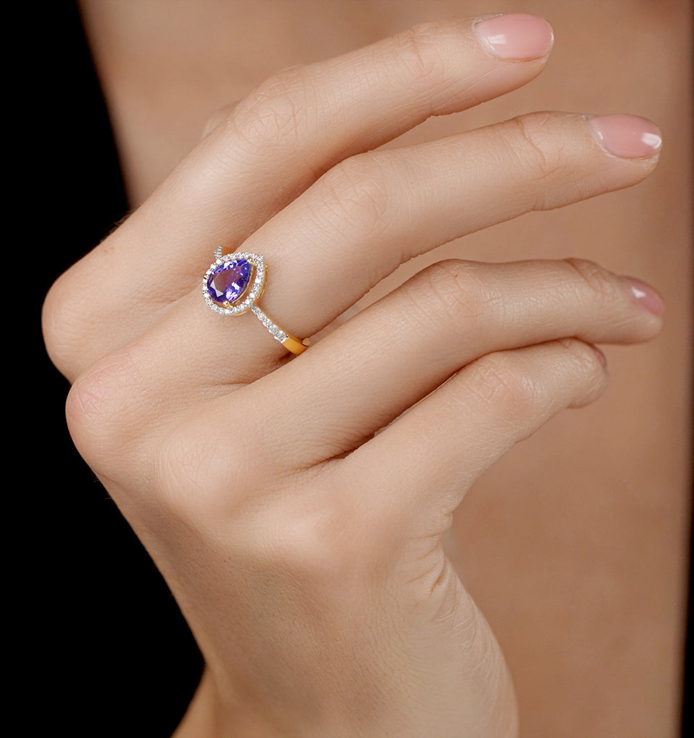 Tanzanite and Diamond Pear Halo Ring in 18K Gold - Asteria Collection