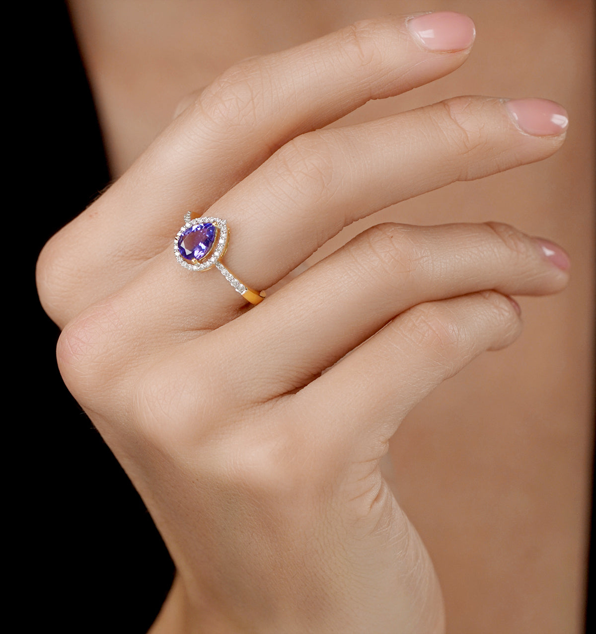 Tanzanite and Diamond Pear Halo Ring in 18K Gold - Asteria Collection