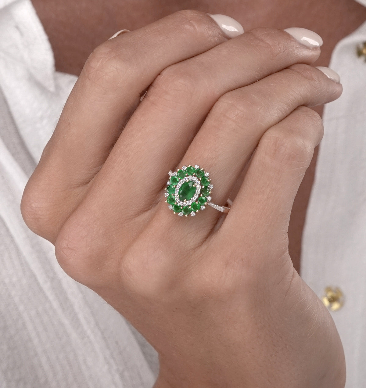 1.35ct Emerald Lab Diamond Halo Ring in 9K White Gold - Asteria