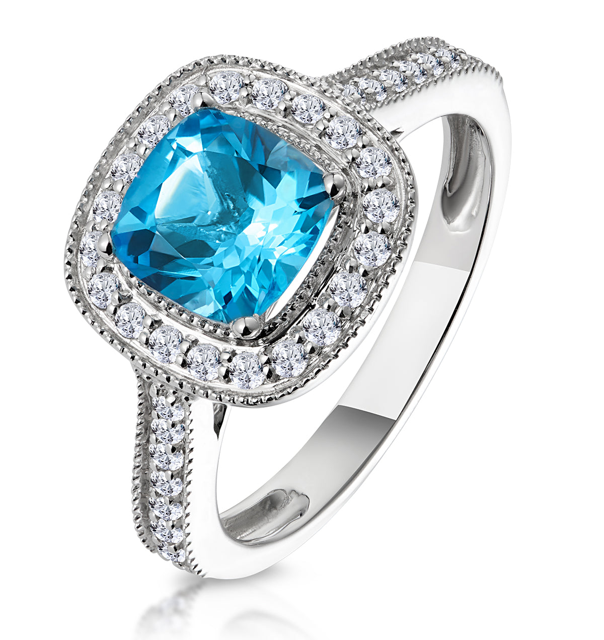 2.50ct Cushion Blue Topaz Diamond Halo Asteria Ring in 18K White Gold