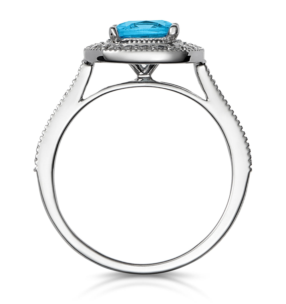 2.50ct Cushion Blue Topaz Lab Diamond Halo Asteria Ring 9K White Gold