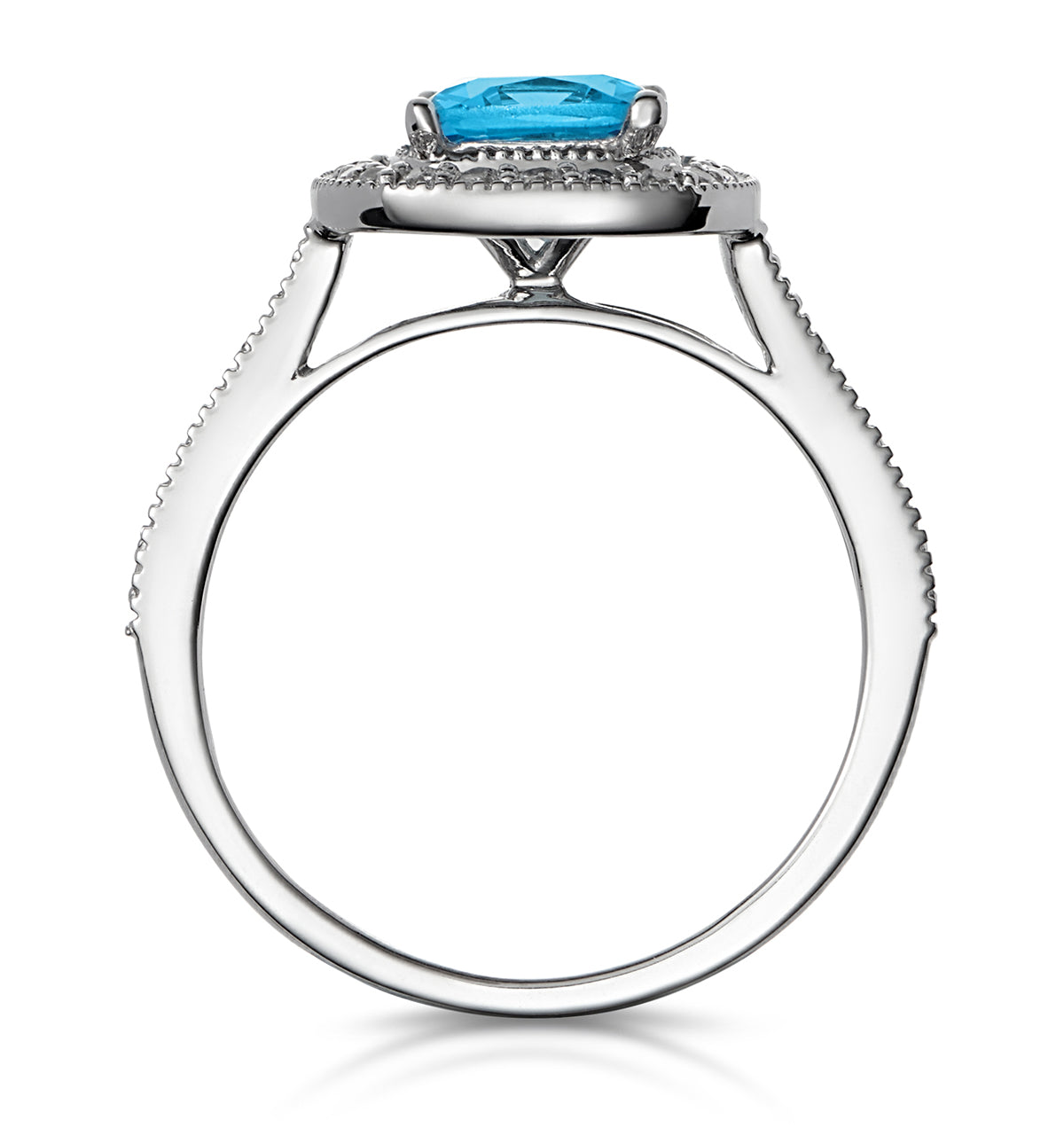 2.50ct Cushion Blue Topaz Diamond Halo Asteria Ring in 18K White Gold