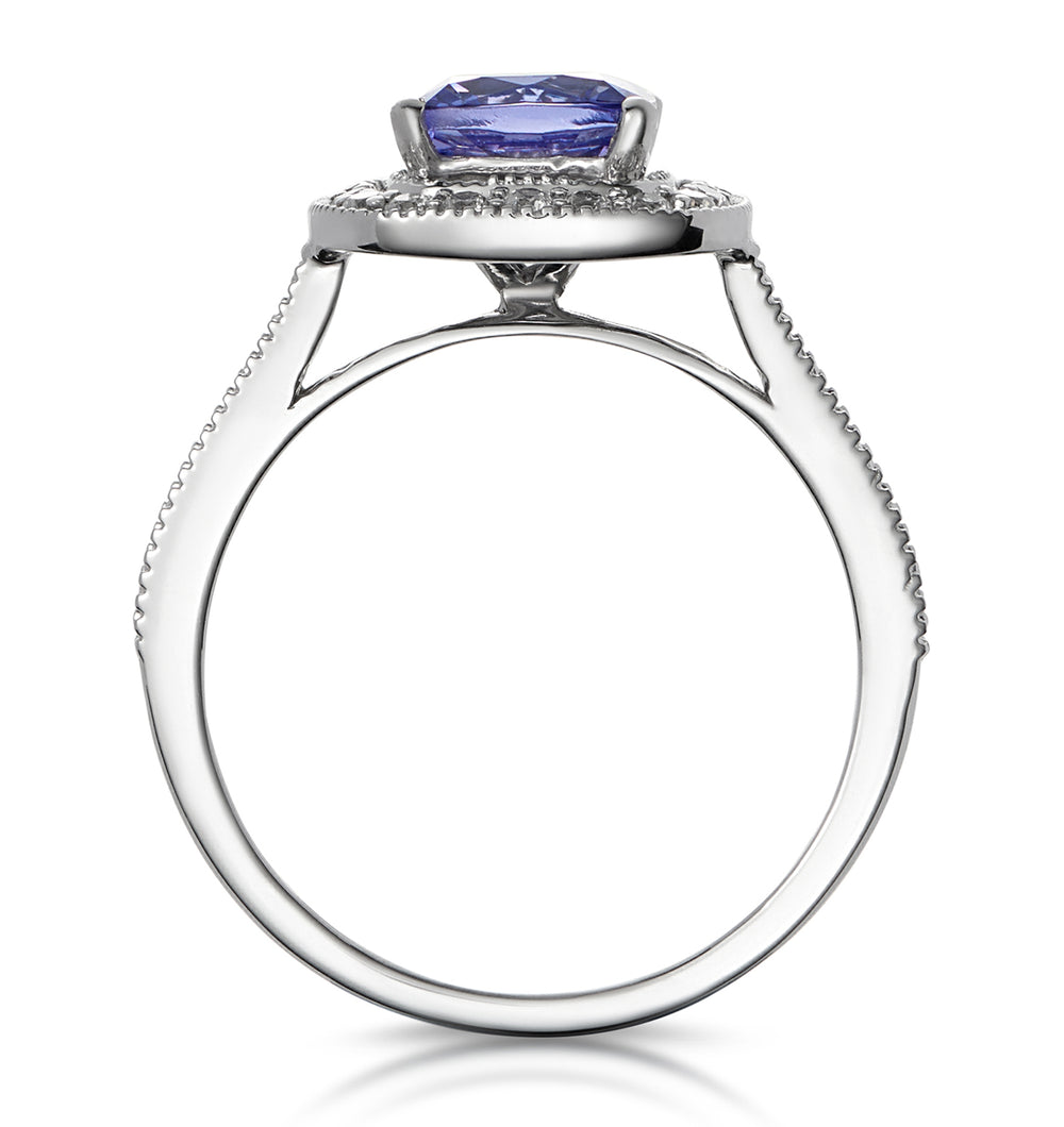 1.60ct Cushion Tanzanite Diamond Halo Asteria Ring in 18K White Gold