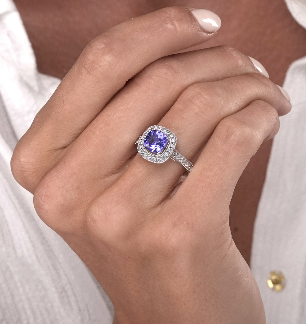 1.60ct Cushion Tanzanite Diamond Halo Asteria Ring in 18K White Gold