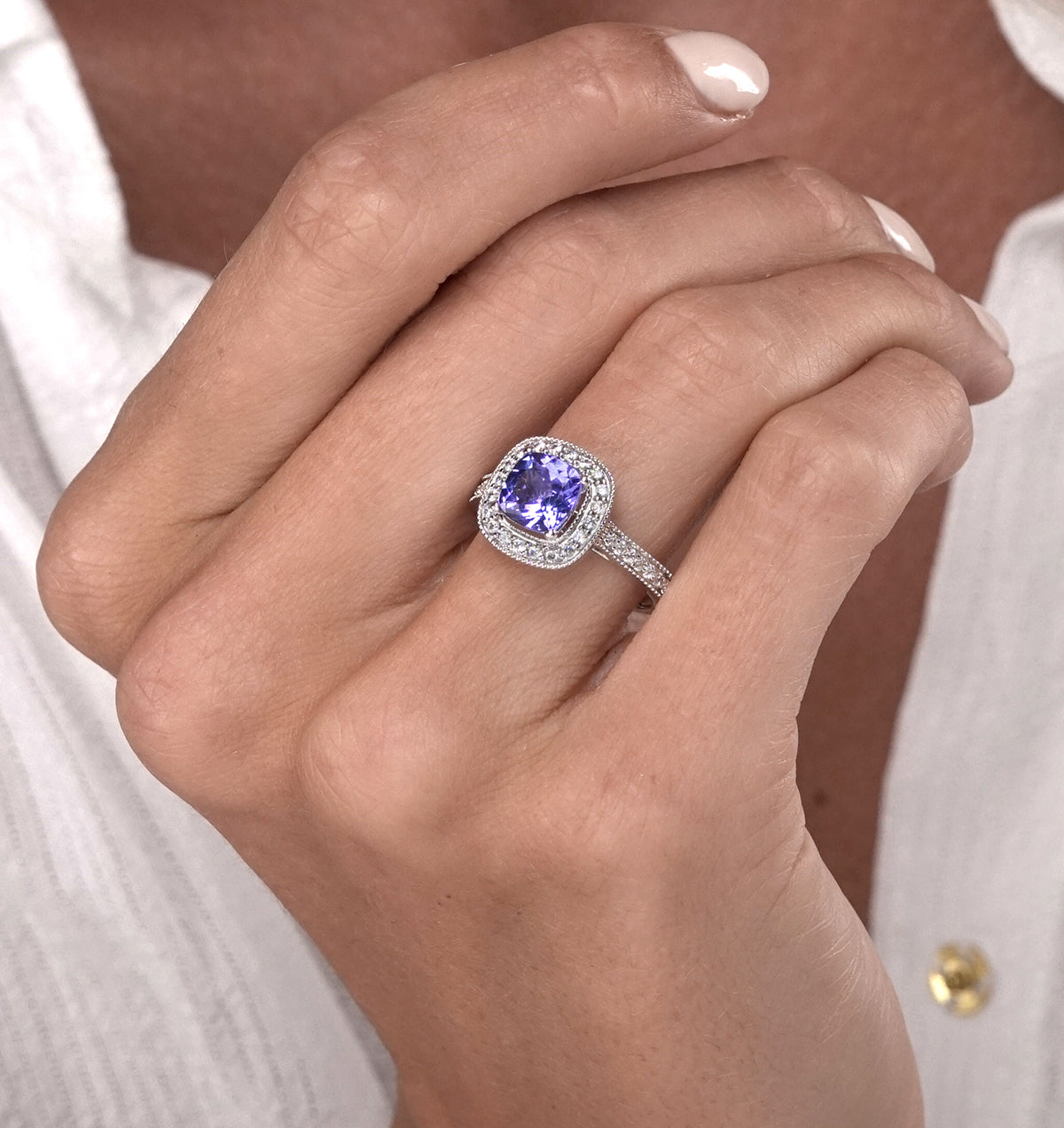 1.60ct Cushion Tanzanite Diamond Halo Asteria Ring in 18K White Gold