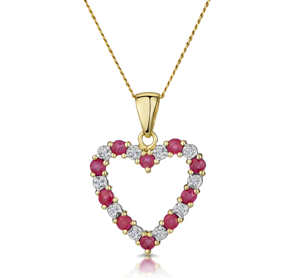 Ruby 0.68CT And Diamond 9K Yellow Gold Heart Pendant Necklace