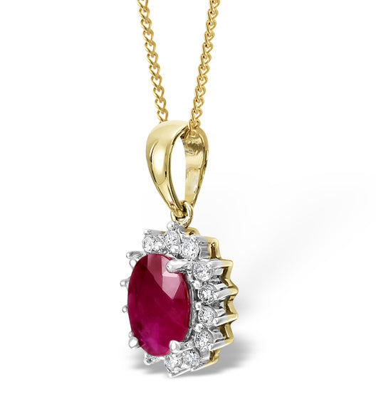 Ruby 7 x 5mm And Diamond 18K Yellow Gold Pendant Necklace