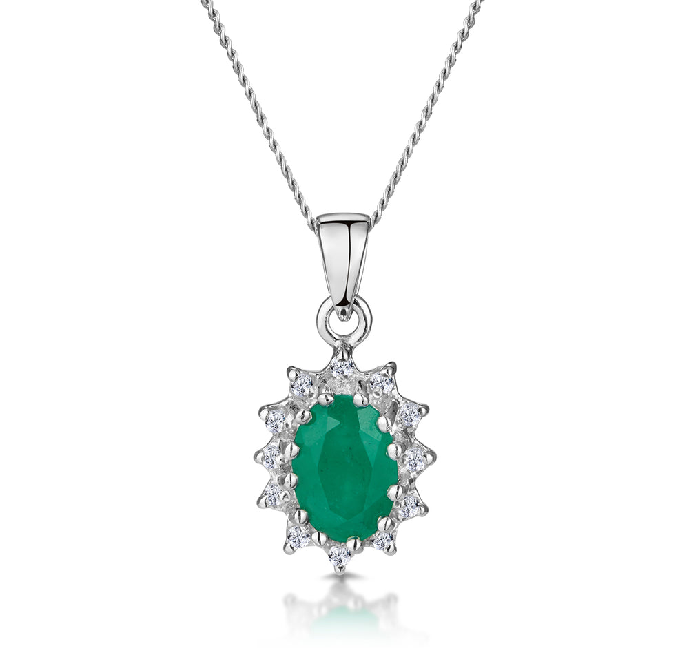 Emerald 0.80CT And Diamond 9K White Gold Pendant Necklace