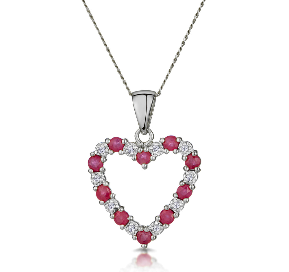 Ruby 0.68CT And Diamond 9K White Gold Heart Pendant Necklace