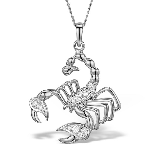 9K White Gold Diamond Scorpio Pendant Necklace 0.06ct