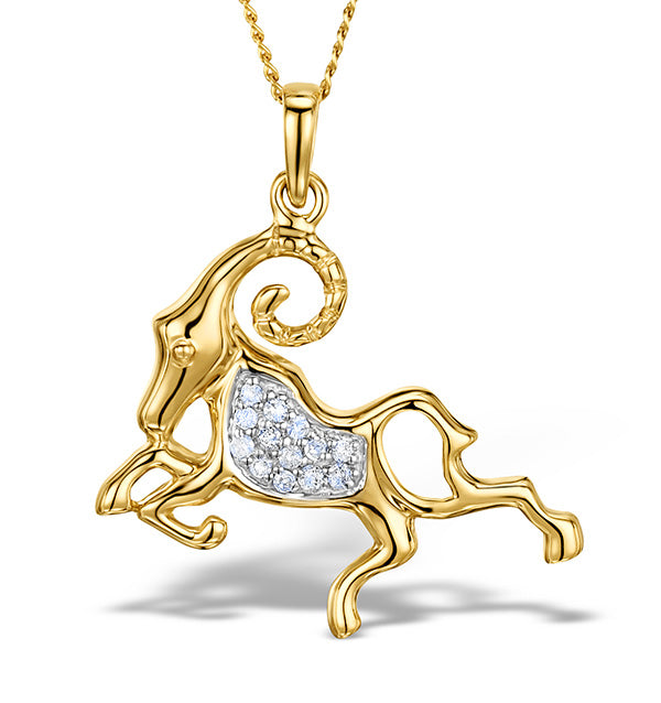 9K Gold Diamond Aries Pendant Necklace 0.07ct