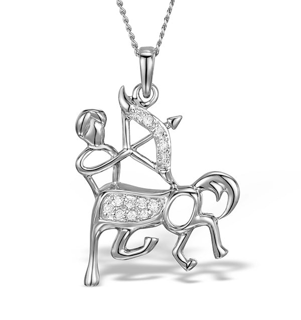 9K White Gold Diamond Sagittarius Pendant Necklace 0.06ct