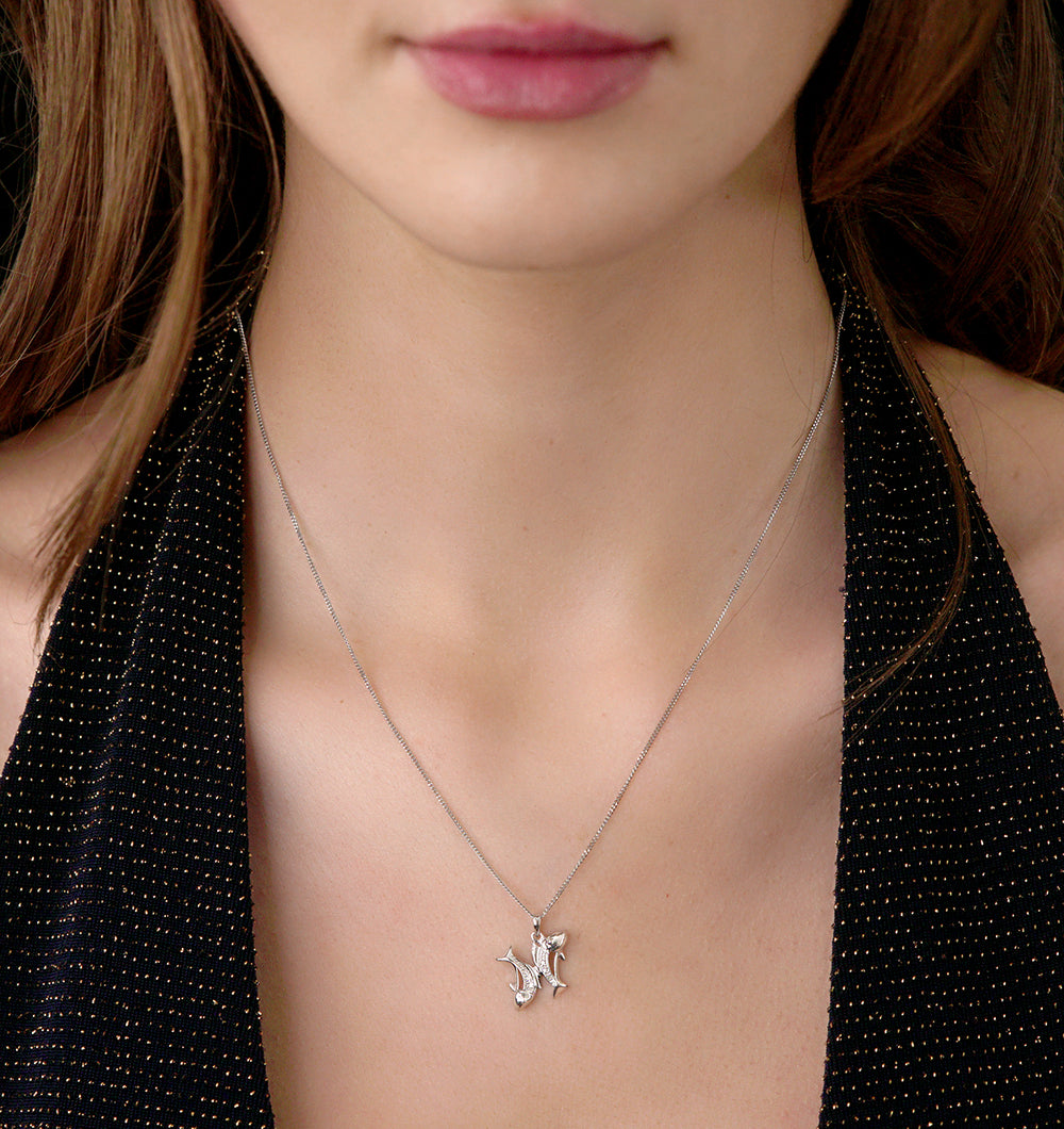 9K White Gold Diamond Pisces Pendant Necklace 0.05ct