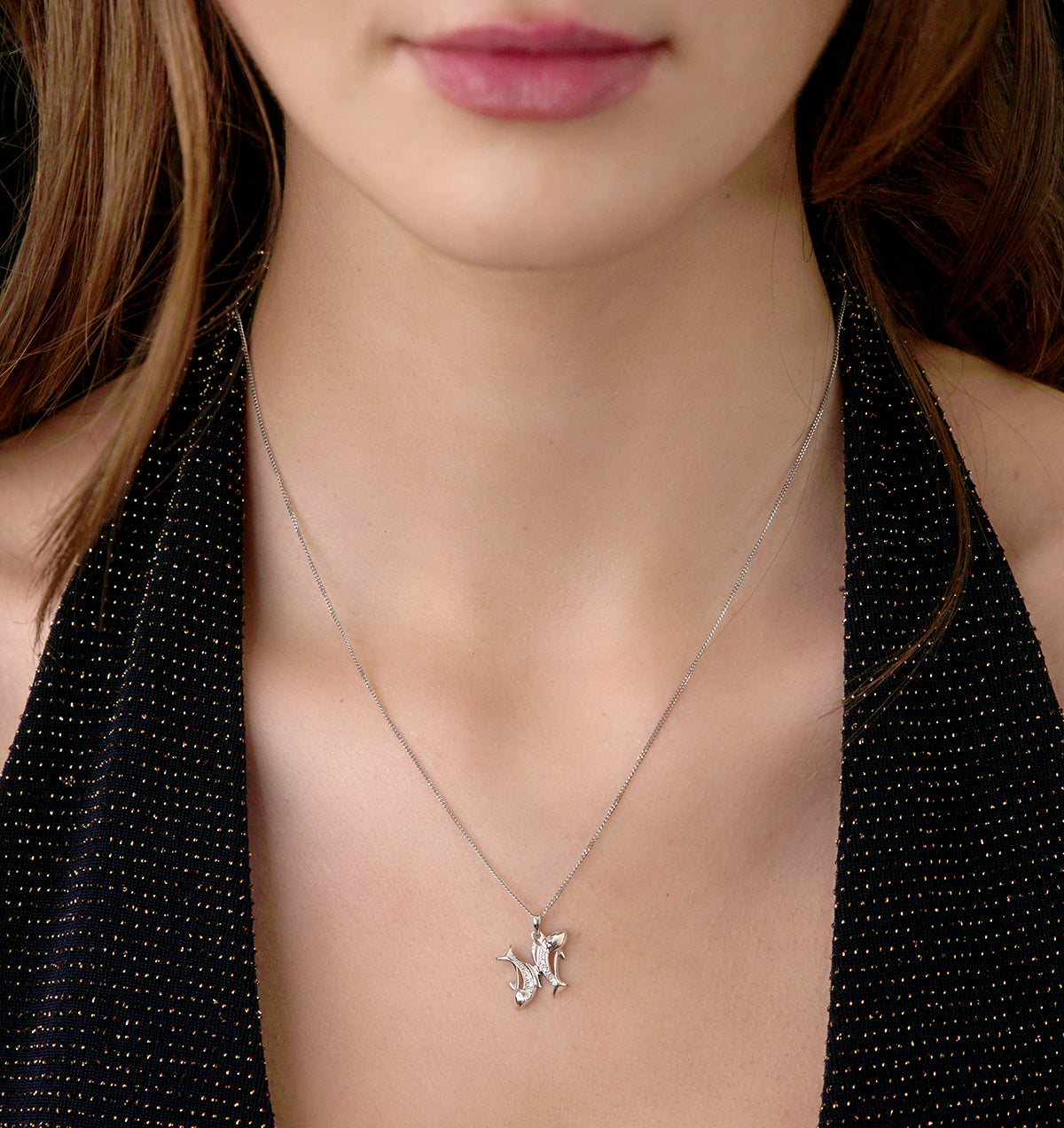 9K White Gold Diamond Pisces Pendant Necklace 0.05ct
