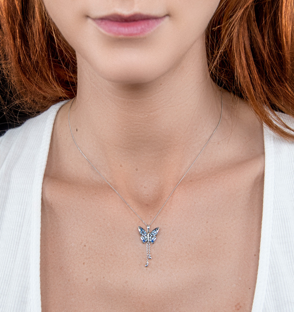 Stellato Sapphire Diamond Butterfly Pendant Necklace 9K White Gold
